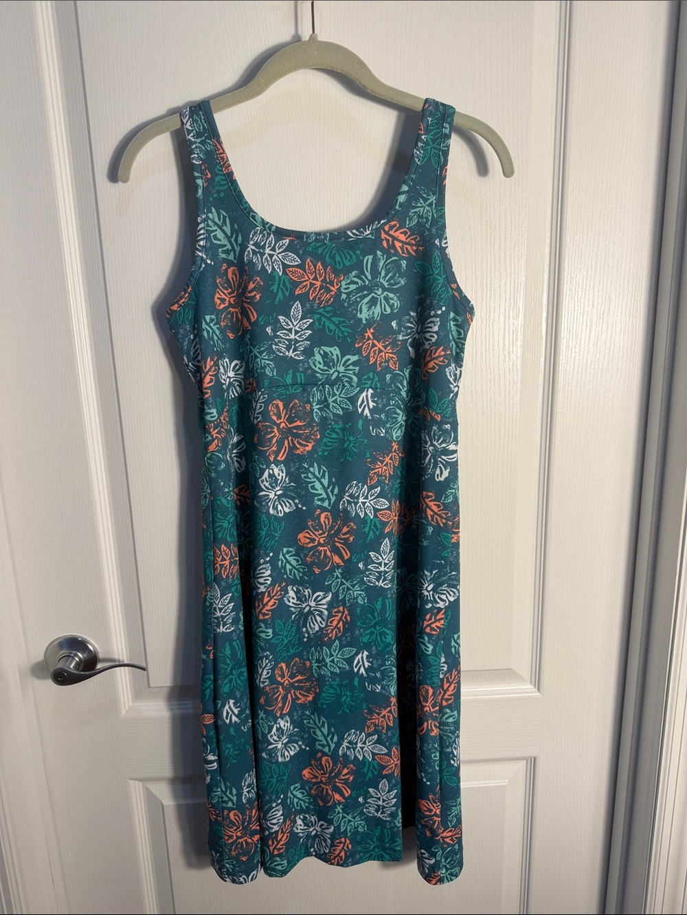Columbia Teal Floral Midi Dress with Orange & White Accents